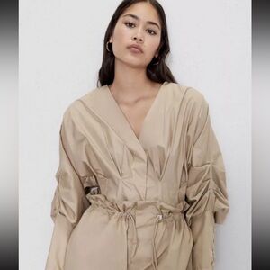 Zara Beige V-Neck Drawstring Waist Blouse